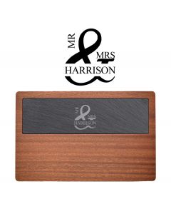 Wedding gifts cheese boards with personalised Mr & Mrs design and name through the & symbol.
