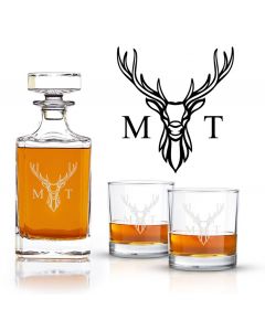 Personalised Crystal decanter gift sets with Stag head design and initials.