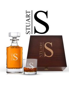 Personalised decanter box gift sets with initial and name laser engraved.
