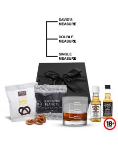 Personalised whiskey gift boxes with a fun measure design tumbler glass.