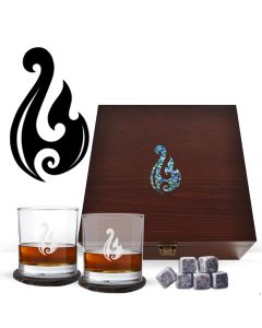 Luxury whiskey and tumbler glasses wood box gift set engraved with a Maori tribe hook design and genuine New Zealand Paua shell inlay.