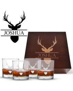 Tumbler glasses box sets with personalised stag design and four glass in a pine presentation box.