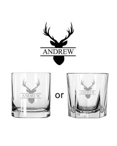 Whiskey glass with stag head and name through