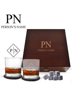 Luxury pine wood whiskey glass gift boxes with name and initials engraved.