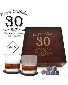 Luxury whiskey glasses box sets with personalised happy 30th birthday design.