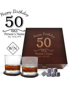 Luxury whiskey glasses box set with personalised happy birthday design and initials.