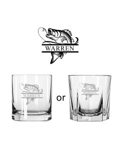 Personalised Whiskey glasses with a fishing design.