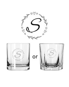 Whiskey glasses for women with love heart wreath design and initial engraved.