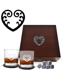 Whiskey glasses pine wood box gift set with Koru and fern inspired Paua shell design