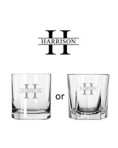 Whiskey glasses with initials and name through the center.