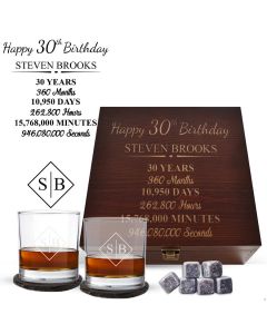 30th Birthday whiskey glass gift boxes with personalised timeline design.
