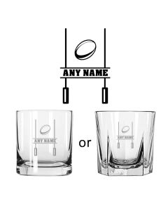 Personalised rugby themed tumbler glass with post and ball design.