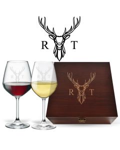 Wine glasses luxury gift box sets with personalised stag design.