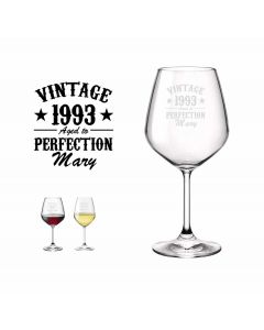 Personalised wine glasses with vintage aged to perfection design.