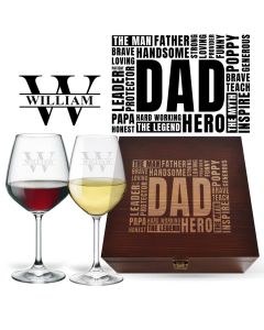 Wine glasses box set with dad word cloud design and two personalised crystal wine glasses.