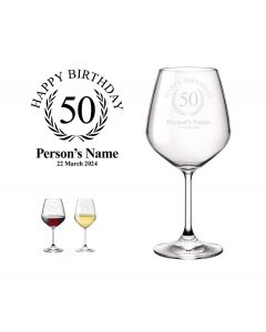 Personalised happy 50th birthday themed wine glasses