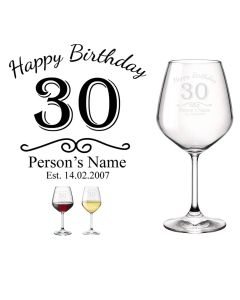 Personalised wine glasses for 30th birthday gifts in New Zealand.