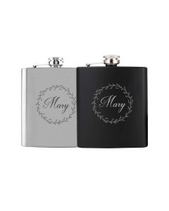 Custom hip flasks with leafy wreath and name engraved in the center
