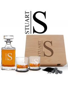 Wood box, crystal decanter box set with tumblers glasses and initial name design engraved.