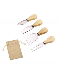 Set of cheese knives with wooden handles and canvas bag