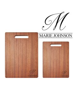 Solid hardwood chopping board with initial and name engraved in the corner.