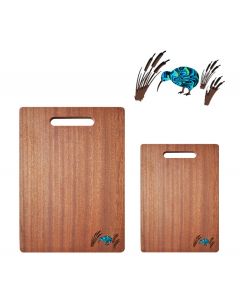 Wood chopping boards with kiwi bird in Paua shell