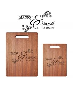 Solid Mahogany chopping board with personalised wedding or anniversary design.