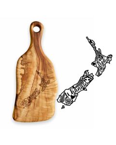 Wood food serving board engraved with a Kiwiana inspired New Zealand islands design