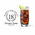 Crystal highball cocktail glasses with personalised happy 18th birthday design.