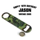 Personalised camouflage bottle openers for 18th birthday gifts.