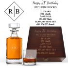 21st birthday gift decanter box sets with a personalised timeline design.