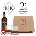 Personalised 21st birthday wooden gift box with rum and tumbler glasses.
