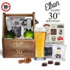 Personalised 30th birthday beer and treat gift sets.