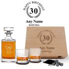 Wood box decanter gift sets with personalised 30th birthday garland design