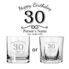Personalised 30th birthday gift whiskey glasses with name, age and date engraved