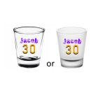 Personalised shot glasses with a colourful 30th birthday design.