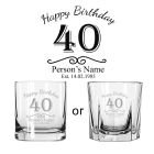 Whiskey glasses with a happy 40th birthday design.