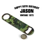 Personalised camouflage bottle openers for 50th birthday gifts.