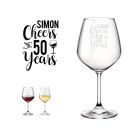 Personalised birthday gift wine glass with cheer to 50 years design.