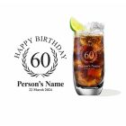 Crystal highball cocktail glasses with personalised happy 60th birthday design.