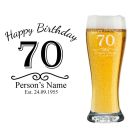 70th birthday personalised beer glass with name, age and date engraved.