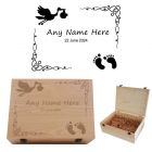 Personalised stork design keepsake boxes for new parents and baby.