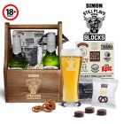 V8 gift sets with beer glass and treats.