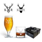 Beer and tumbler glass gift set with stag design.