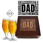 Stemmed beer glass box sets engraved dad word cloud design.