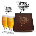 Stemmed beer glass gift sets with personalised fish design.