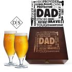 Luxury wood box beer glasses gift sets with engraved dad themed word cloud and two personalised beer glasses.