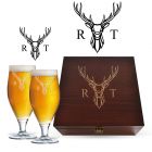 Luxury personalised Stag design beer glasses gift set in a solid pine wood box.