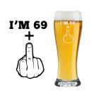 Funny 70th birthday gift beer glass with 69 plus one middle finger design.