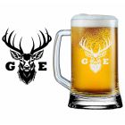 Larger beer glass with handle and engraved stag head design with two intials.